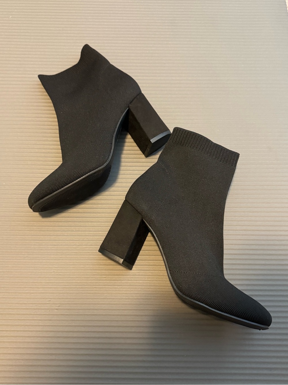 Women's Black Knit Sock Booties with Block Heel